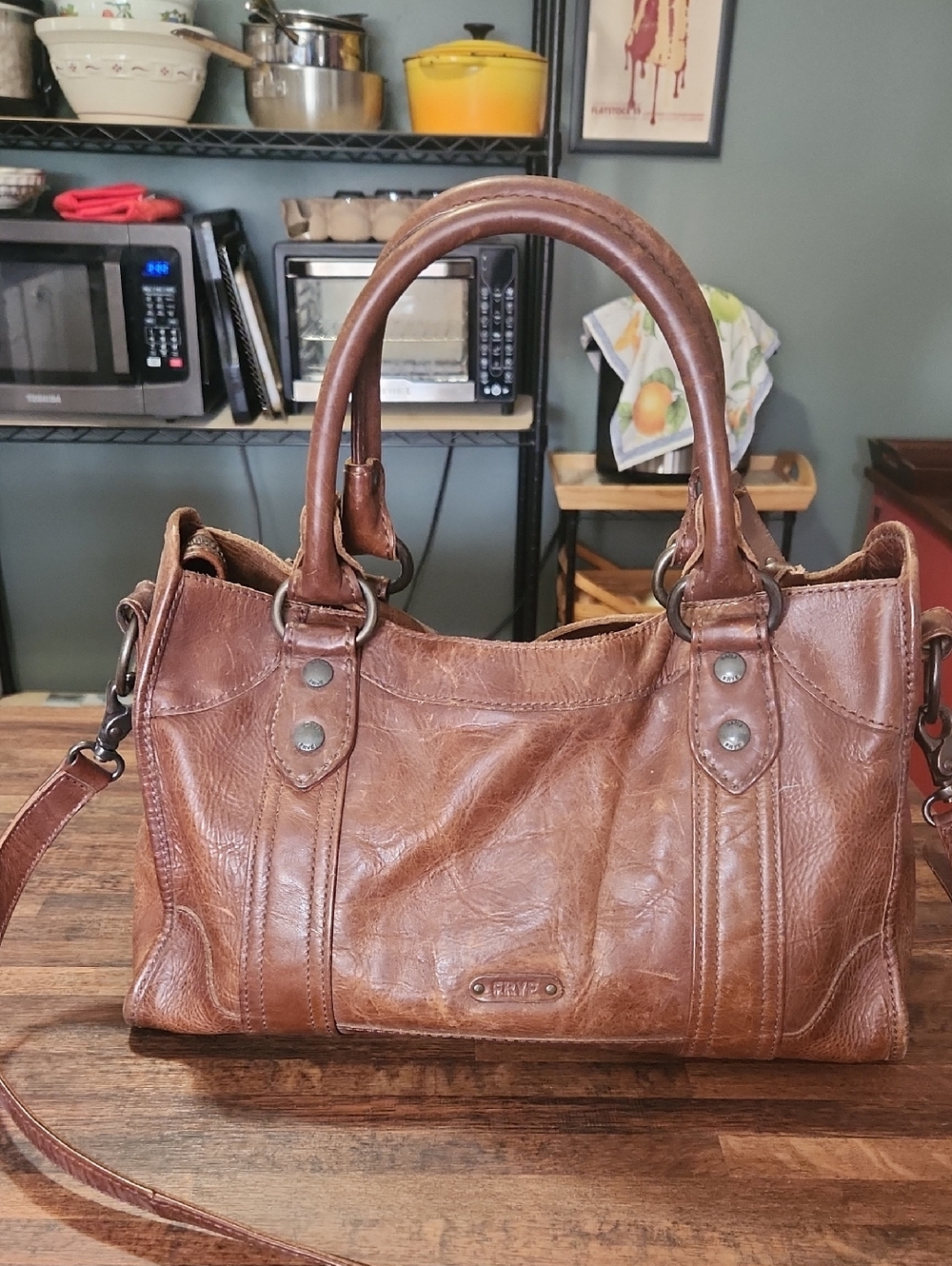FRYE SATCHEL DARK BROWN